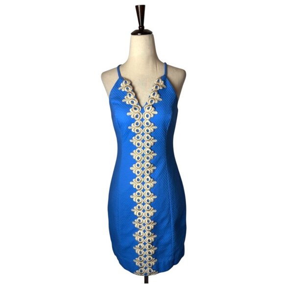 Lilly Pulitzer Dress Women 0 Blue Gold Embroidered Lace Pearl Sheath Mini Preppy - Picture 2 of 12